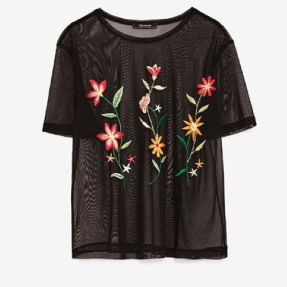 Zara Sheer Mesh Embroidered Floral Top - Picture 2 of 3